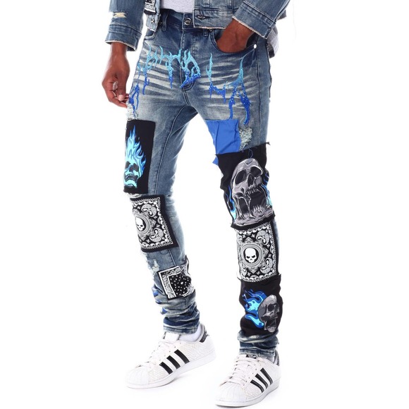 GFTD LA Los Angeles Men's Skinny Fit Panel Patch Fire Skull Distressed Rip Jeans - Picture 2 of 7